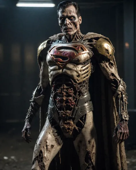 (nvinkpunk:0.8) (full body:0.6) (portrait:0.7) photograph of (undead zombie:1.1) (zombified:1.2) (armored:0.7) Superman, (rottin...