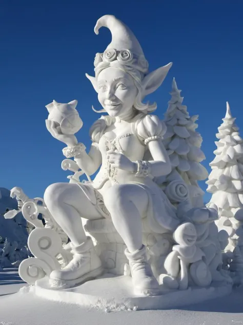 award winning photograph of a PESnowSculpture pixie with playful mischief in wonderland, magical, whimsical, fantasy art concept, steampunk, intricate details, best quality, masterpiece, ultra shartp, hyper realistic, realism <lora:PE_SnowSculpture:0.8> , Snowsculpture