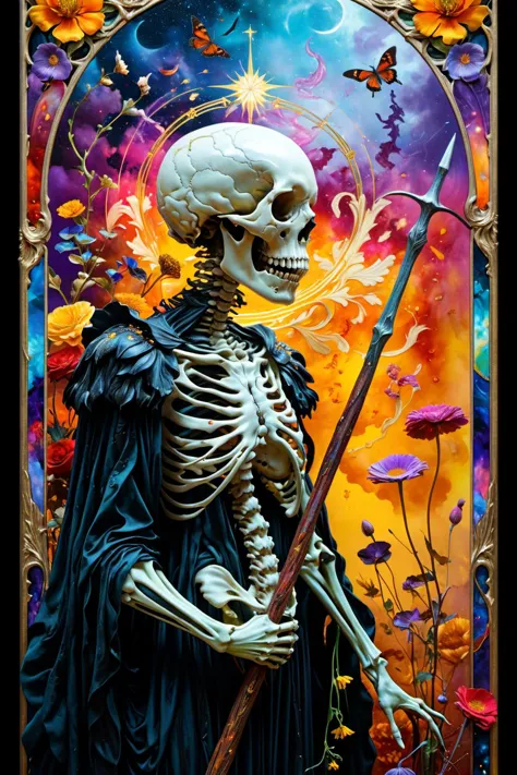 a painting of a skeleton holding a scythe in a field of flowers