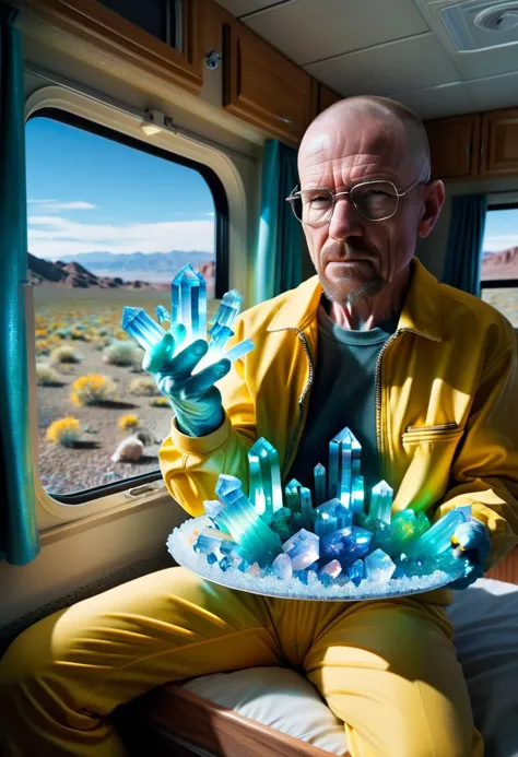 crystalz walter white in yellowhazardsuit (holding tray with light blue crystalz, inside rv with albuquerque desert in window, t...