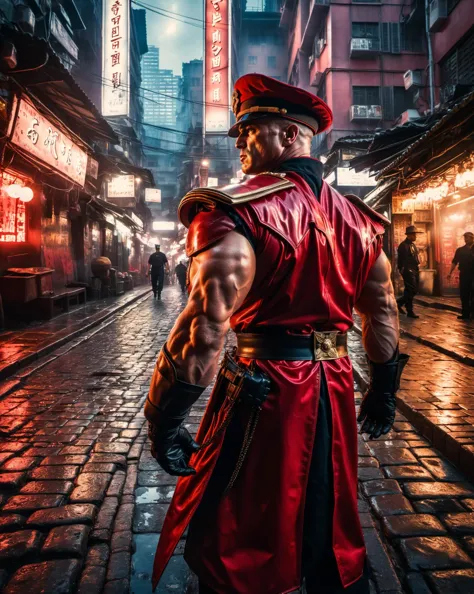 4K portrait photograph of muscular (M Bison from Street Fighter:1.1) in red military uniform with hat in cyberpunk Kowloon Walled city at sunset, Cyberpunk 2077, narrow alley, Bladerunner, backlit, wet cobblestone street, (cinematic lighting:1.3), soft cinematic light, low shot from street level, adobe lightroom, photolab, hdr, immense detail, extreme detail, photorealism, professional photography, shiny, droplet splashes, depth of field  <lora:2077_Style:0.8> <lora:add-detail-xl:1>