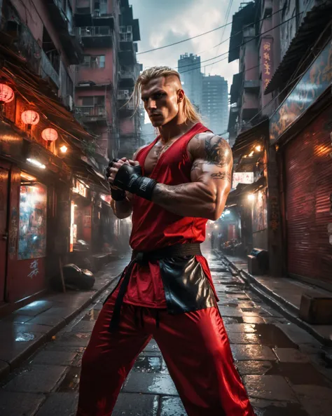 4K portrait photograph of muscular American (Ken from Street Fighter:1.1) (boxing pose:1.2) in cyberpunk Kowloon Walled city at sunset wearing a red karate outfit, tattooed, tattoos, long blonde wind blown hair, sleeve tattoo, Cyberpunk 2077, narrow alley, Bladerunner, backlit, wet cobblestone street, (cinematic lighting:1.3), soft cinematic light, low shot from street level, adobe lightroom, photolab, hdr, immense detail, extreme detail, photorealism, professional photography, shiny, droplet splashes, depth of field  <lora:2077_Style:0.8> <lora:add-detail-xl:1>