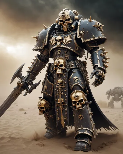 Cinematic scene of a strong human necromancer, wearing massive heavy warhammer 40k chaos marine armor, glowing magical runes, me...