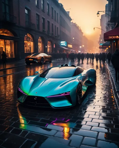 a blue sports car parked on a wet street in the rain