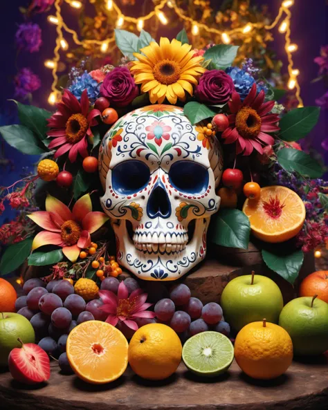 stunning still-life photo render of a Mexican Skull Calavera, surrounded by poetic ornamental elements such as fruits, flowers, ...