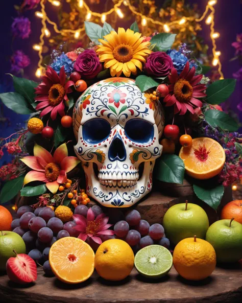 stunning still-life photo render of a Mexican Skull Calavera, surrounded by poetic ornamental elements such as fruits, flowers, garlands of lights and native plants, studio lighting, 8k