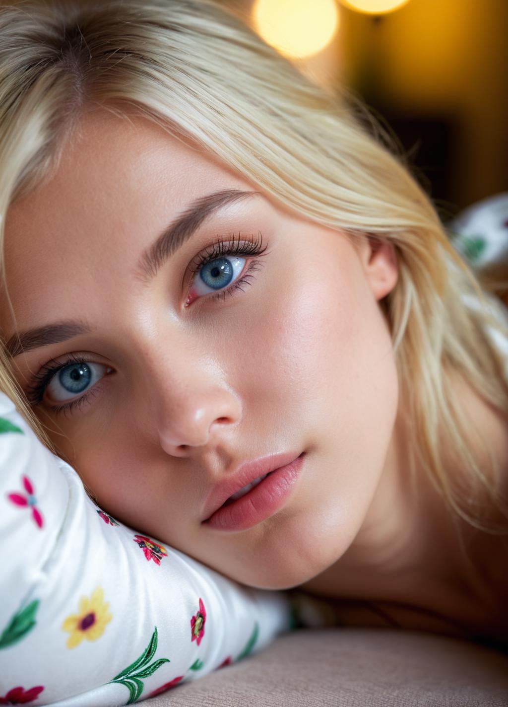 A close up of a woman laying in bed wearing a pink bra - SeaArt AI