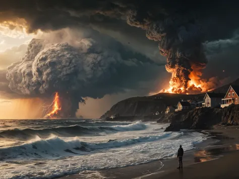 raw photo, best quality, beautiful peaceful small village, burning asteroids, tornadoes, doom, end of the world, ocean, tsunami wave, viewed from behind one man observing horizon, cinematic lighting, volumetrics