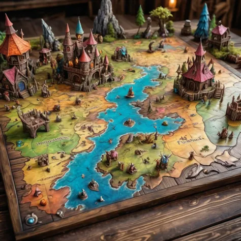 miniature fairyland world, role playing game map on old battered wooden table, full of fantastic creatures, colorful, vibrant co...