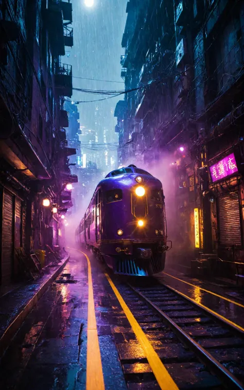 a scifi futuristic concept steam train, curvy and aerodynamic, Kowloon walled city narrow winding alleyway, light speed, flash, ...