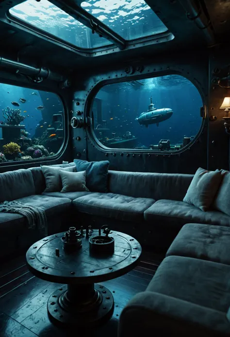 underwater submarine, indoors, couch, table, window, ocean, deep sea, dark, mysterious, metal interior, cinematic, masterpiece, highly detailed, 8k, fish outside the window