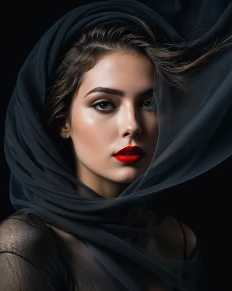 a woman with a veil over her head and red lipstick