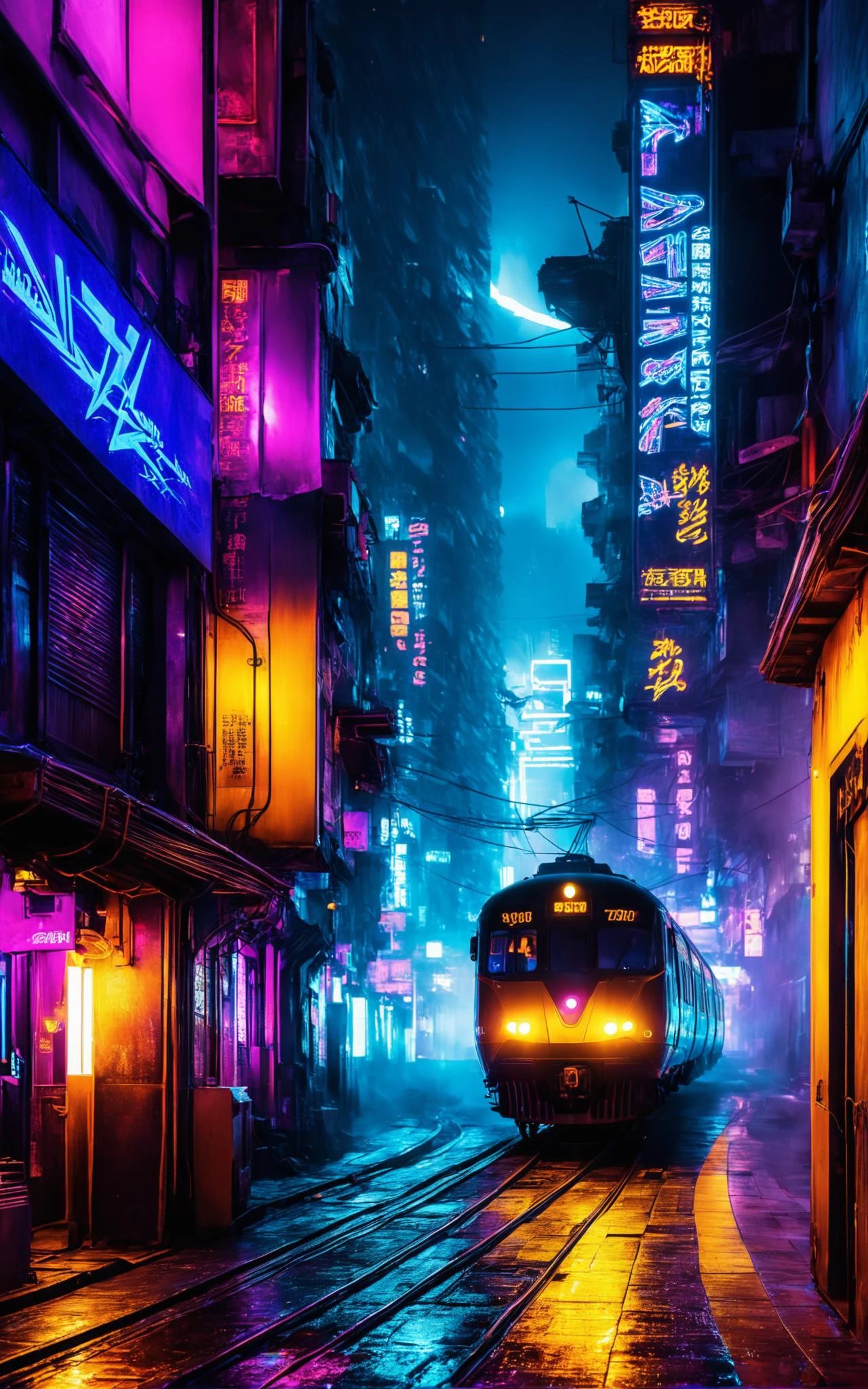 a science-fiction futuristic concept (train à vapeur:1.2), courbé et aérodynamique, Kowloon walled city narrow winding ruelle, vitesse de la lumière, éclair, forte pluie, piste de mouvement, une étoile brillante(Soleil) En arrière-plan, (lignes de vitesse:1.1), (Flou de mouvement:1.1), contraste élevé, concentration profonde, Tron, style par Ridley Scott, Cyberpunk 2077, Coureur de lame, Brouillard, brume, Effets visuels épiques, arc foudre, underbriller, interstellaire, couler, détaillé, science-fiction, extremely détaillé textures, explosion d&#39;étoiles, couleurs sombres et vibrantes, art cosmique, étoiles en arrière-plan, phares, Scène cinématographique, reflet, étalonnage des couleurs cinématographique, scène de filme, Dieu rayons, briller, art of Doug Chiang and John Park brillerneon, Fuji Cinestill, fuite de lumière, brillering, des étincelles, foudre, ultra détaillé  dramatic lighting  ultraviolet blacklight reactive paint, les lignes électriques, podiums, ruelle  