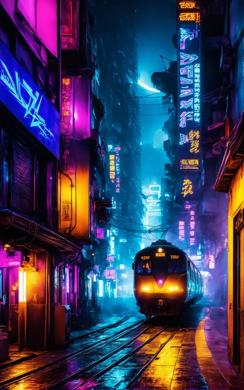 a scifi futuristic concept (steam train:1.2), curvy and aerodynamic, Kowloon walled city narrow winding alleyway, light speed, f...