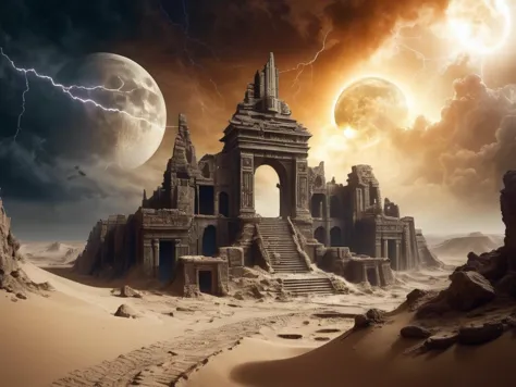 a labyrinth of ancient ruins on an unknown planet, emerging from the darkness, a forgotten city,  covered in sand and dust, sun ...
