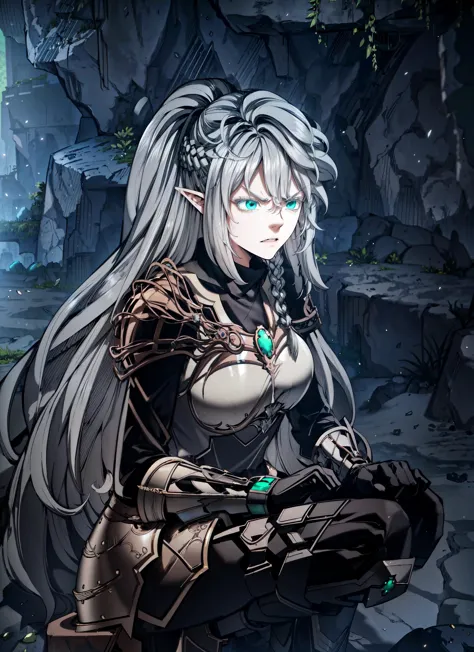 1girl,tessia,long hair,silver hair,green eyes,tesBattle, armor,angry eyes,angry expression,angry face,crouch,crouched,cave,insid...