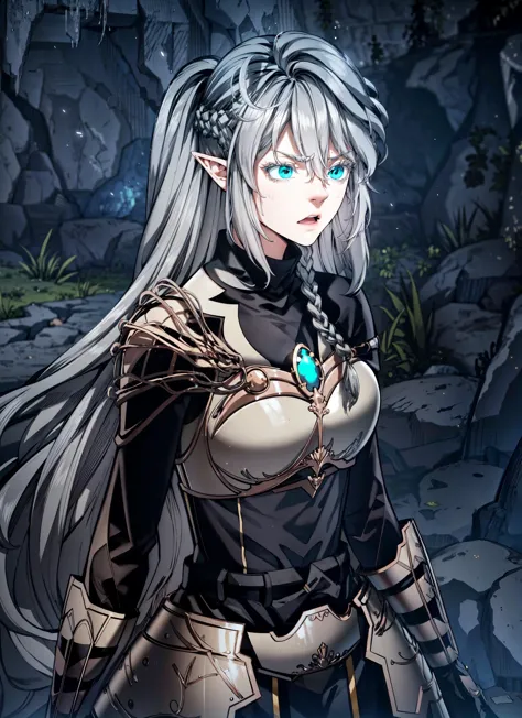 1girl,tessia,long hair,silver hair,green eyes,tesBattle, armor,surprides face,surprised expression,shocked face,shocked expressi...