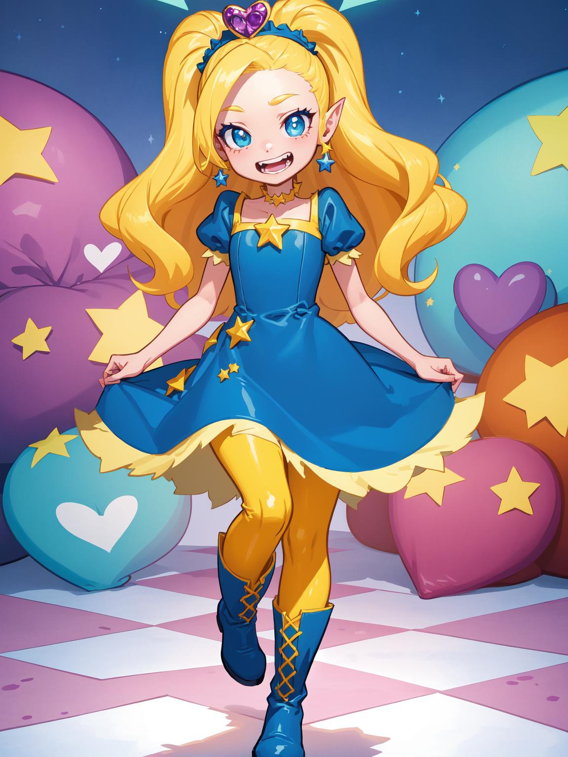 A cartoon girl in a blue dress and yellow tights - SeaArt AI