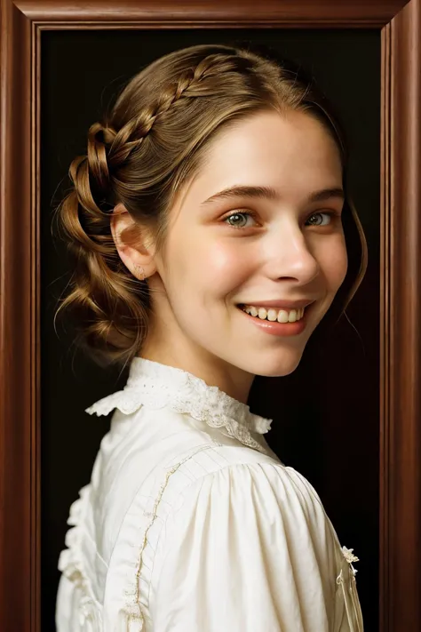 portrait photo of <lora:BrandyGordon_v2.1-000006:.9> BrandyGordon, focus on smiling face, wearing victorian clothing , her hair ...