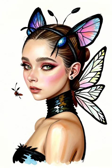 un extrêmement détaillé, peinture à l'aquarelle complexe de BrandyGordon portant du maquillage, du rouge à lèvres et de l'eye-liner avec des antennes de fourmi sur la tête, elle a des yeux aux multiples facettes, elle a des ailes d&#39;insectes en guise d&#39;oreilles