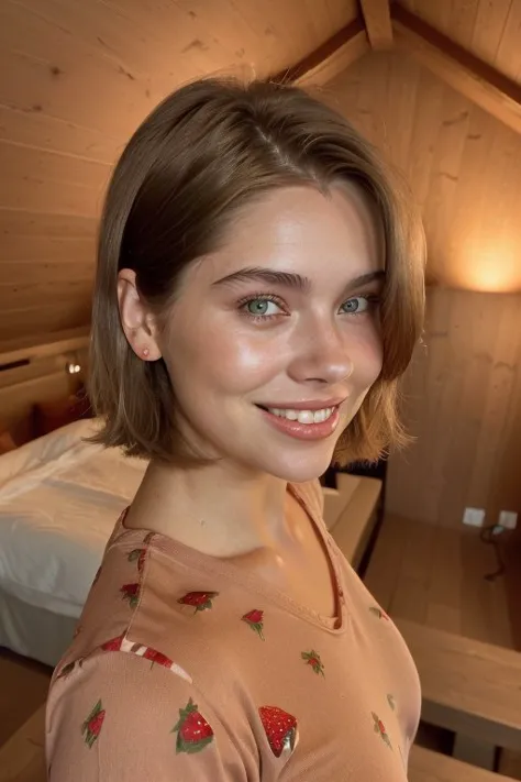 (high angle, closeup on face:1.2) photo of BrandyGordon,
smiling,
she is wearing strawberry print t-shirt
  ,
she is wearing bangle,
her hair is styled as textured bob hair,
BREAK she is (in the loft:1.1),
cinematic lighting,
Agfa Vista
  ,50mm
  ,shot on Hasselblad X1D II, fine texture,smooth color gradations
  ,