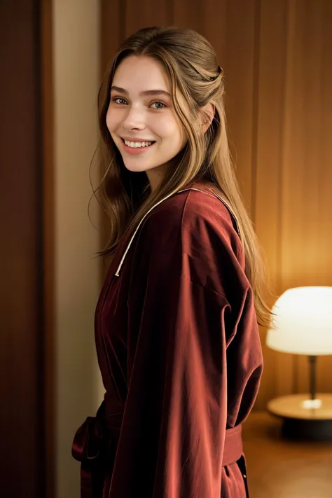 foto de retrato de BrandyGordon, centrarse en la cara sonriente, vistiendo una túnica de mago , su cabello está peinado como raya al centro recto,