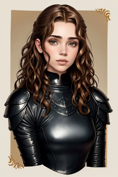 headshot photo of BrandyGordon, focus on face, wearing leather armor , her hair is styled as Curly Victorian Waves,