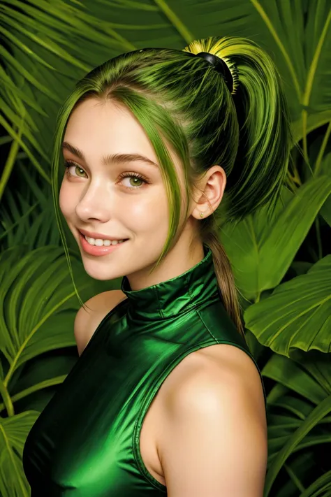 (medium shot:1.2), <lora:BrandyGordon_v2.1:.9> BrandyGordon_. smile, jungle green color hair styled as high ponytail