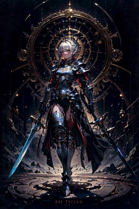 a woman in armor standing in front of a clock