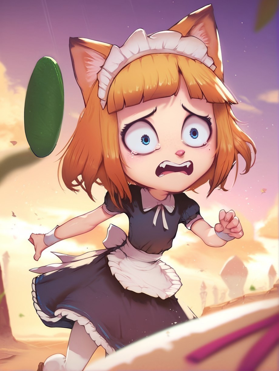 Cartoon girl with a cat ears and a cat tail running in the desert - SeaArt  AI