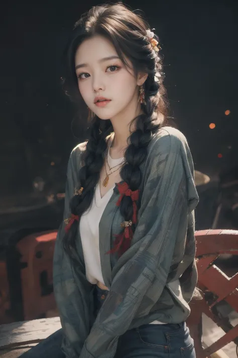 (masterpiece:1.4, best quality), (intricate details), ((nude:0.75)), ink strokes, unity 8k wallpaper, ultra detailed, a South Korean girl, Resilience, Red and black plaid flannel shirt, black skinny jeans, dutch braid, Glossy black lip for a bold statement, (Vibrant), (Peter Max:1.4), <lora:more_details:0.35>,(effect lighting), <lora:msw_v10:0.7> <lora:difConsistency_photo:0.55>, <lora:Maper:1:PALETTE><lora:anxiang:0.55>