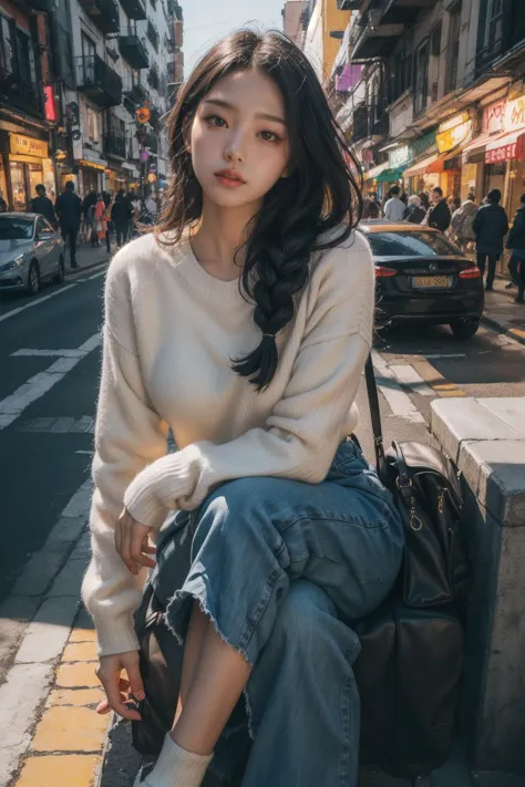 a woman sitting on a curb in a city with a handbag