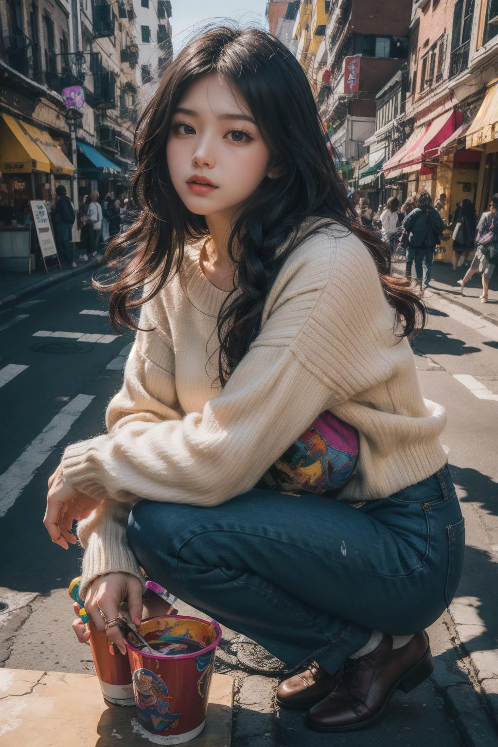 (masterpiece:1.4, best quality), (intricate details), ((nude:0.75)), ink strokes, unity 8k wallpaper, ultra detailed, a South Korean girl, Resilience, Beige sweater, black wide-leg pants, dutch braid, Glossy black lip for a bold statement, (Vibrant), (Peter Max:1.4), (effect lighting), 