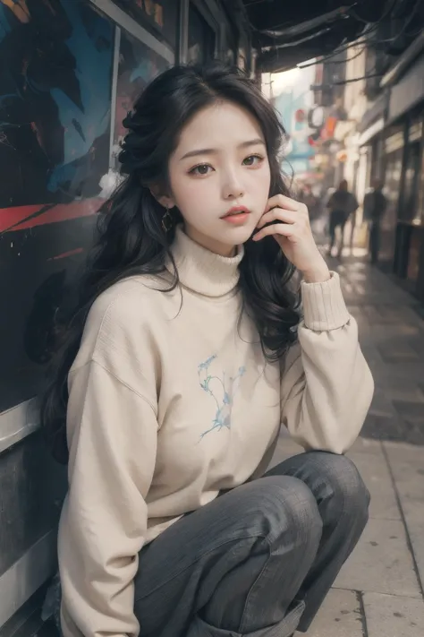 a woman sitting on the ground next to a wall with a phone