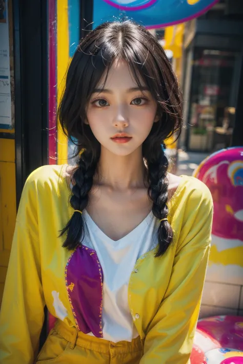 (masterpiece:1.4, best quality), (intricate details), ((nude:0.75)), ink strokes, unity 8k wallpaper, ultra detailed, a South Korean girl, Resilience, Gray blouse and yellow pants, dutch braid, Glossy black lip for a bold statement, (Vibrant), (Peter Max:1.4), (effect lighting), 