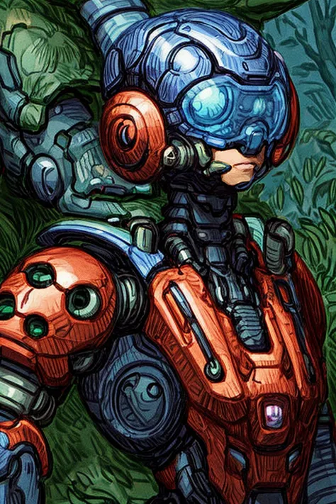 Cyborgdiffusion, exquisite detail, close-up shot of two futuristic mechanical beings, Deep forest background, BREAK <lora:difCon...