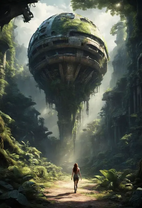 woman walking in the rainforest towards a ruined spaceship, hollow world, shadows of brimstone, matte painting, highly detailed, natural lighting, dynamic angle, fast shutter speed, wide angle lens, 150mm