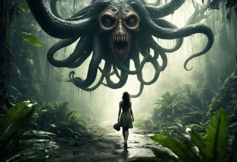 woman walking in the rain forest towards a medusa, hollow world, shadows of brimstone, matte painting, highly detailed, natural lighting, dynamic angle, slow shutter speed, narrow angle lens, 35mm, medium shot