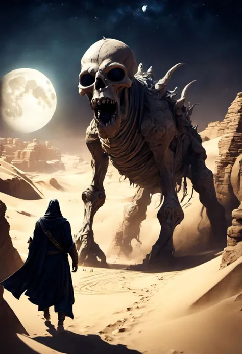 a man walking in the desert with a giant creature in the background