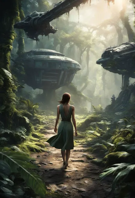 a woman walking through a jungle with spaceships in the background