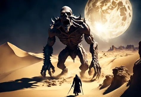 a man walking in the desert with a giant monster in the background