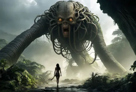 a woman walking through a jungle with a giant creature in the background