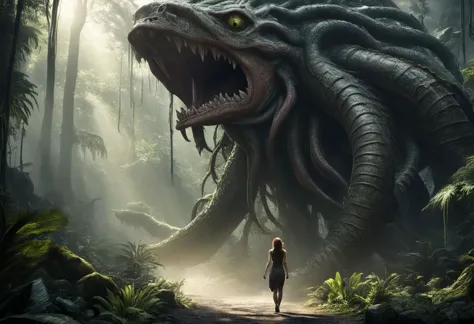 a woman walking in the woods with a giant monster in the background