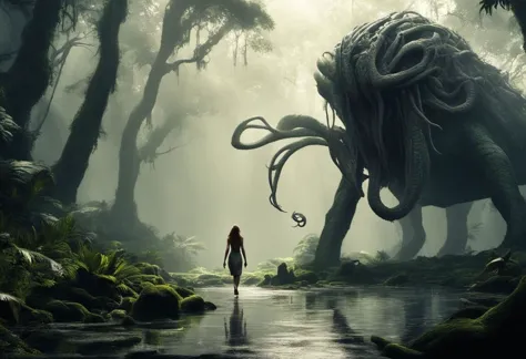 a woman walking through a forest with a giant creature in the background