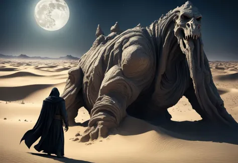 a man in a robe walking towards a giant creature in the desert