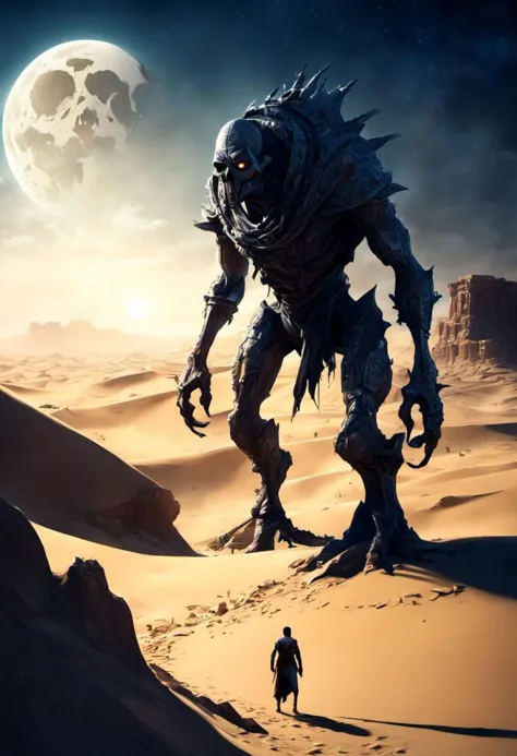 a man standing in the desert with a giant monster on his back