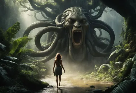 a woman in a dress walking through a jungle with a giant octopus