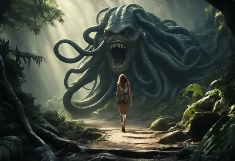 a woman walking through a jungle with a giant squid in the background