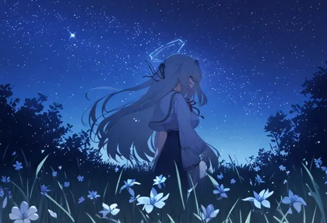 anime girl standing in a field of flowers under a starr sky