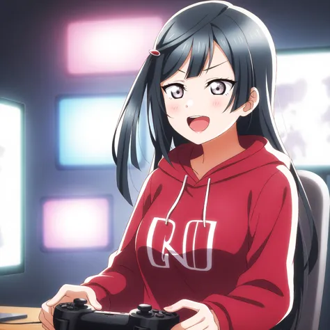 anime girl in red hoodie playing a video game with a controller